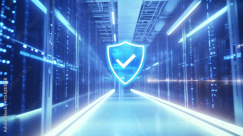 Poster server room security system showing check mark inside shield icon protecting data center