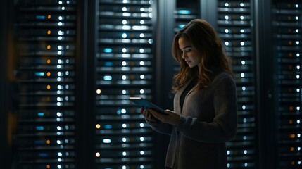 It engineer working with tablet computer in data center. Servers blinking in the background