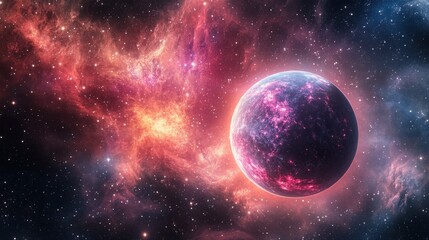 Obraz premium A vibrant exoplanet glows with pink and purple hues against a backdrop of a fiery nebula. Cosmic dust and stars fill the vast expanse of space.