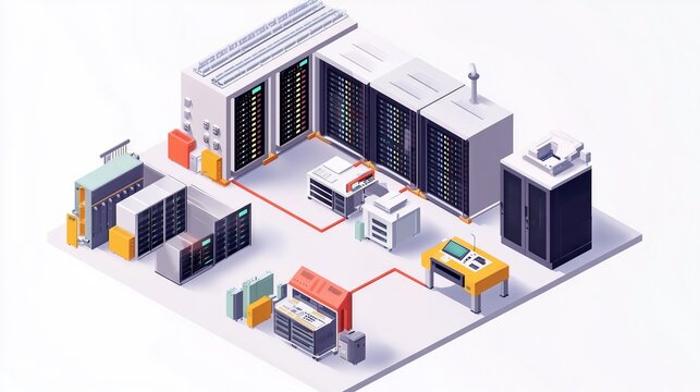 Datacenter with servers, network hardware and control consoles in isometric view