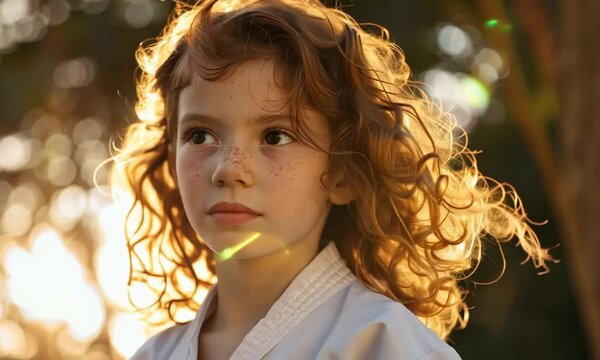 A young child with curly hair gazes thoughtfully into the distance.