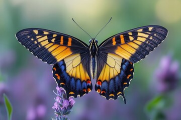 Obraz premium A yellow and black butterfly sits atop a vibrant purple flower, ready to take flight