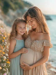 Fototapeta premium Smiling mother shares a tender moment with her pregnant daughter by the shore