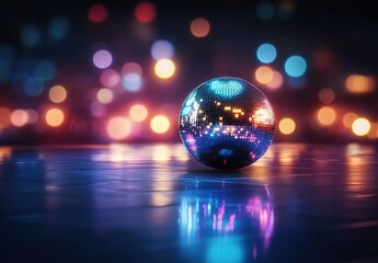Fototapeta premium Realistic 3D rendering of an illuminated disco ball on the floor, creating reflections and colorful lights in the background. 