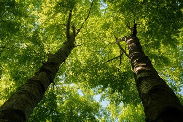 Two tall trees stand amidst a dense forest