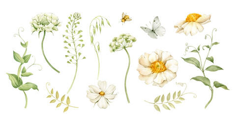 White peonies and garden flowers and herbs - a collection of watercolor illustrations. All elements combine well with each other and look good in compositions and patterns