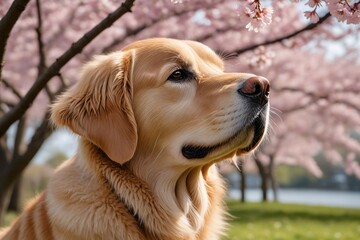 there is a dog that is sitting under a tree with pink flowers