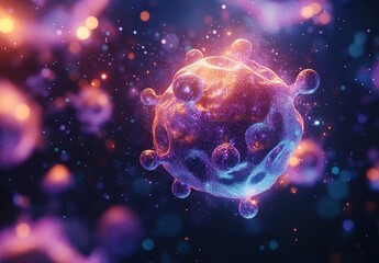 A close-up of an isolated cell, with vibrant purple and orange hues, surrounded by glowing spheres representing other cells in the background.