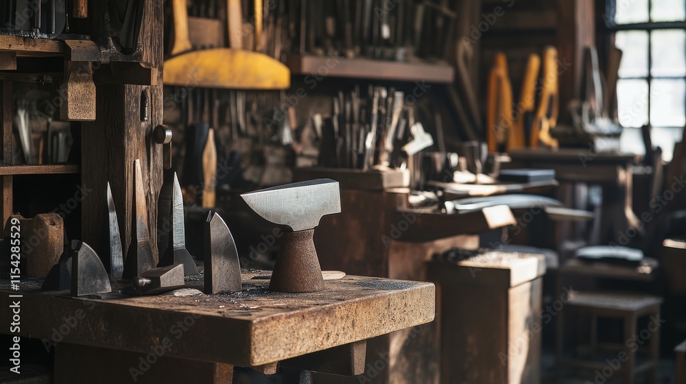 Poster an inviting knife-making forge with anvils and forging tools, steel blanks and hammering equipment n