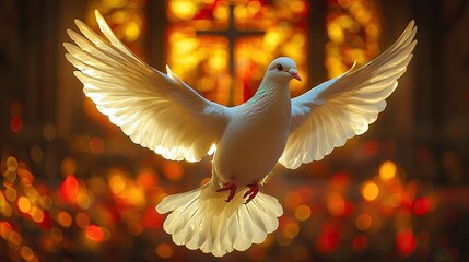 Dove on a church, with Christian cross. Holy Spirit peace love and grace baptism ministry, faith journey through religious symbol and spiritual practice