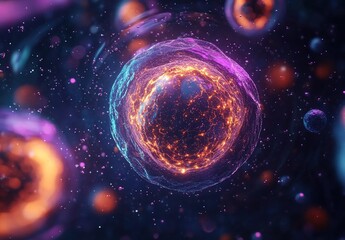 Obraz premium A close-up of an isolated cell, with vibrant purple and orange hues, surrounded by glowing spheres representing other cells in the background.