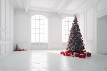 Christmas Tree With Ornament And Bokeh Lights In Red Background Beautiful snow top view