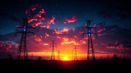 Naklejka premium Electric Towers Silhouetted Against a Vivid Sunset Sky