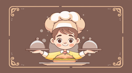 Professional Chef Boy Holding Food Cloche Vector Illustration