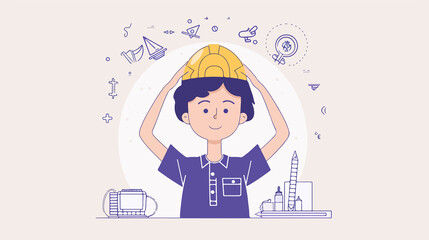 Young Boy Wearing Engineer Helmet Vector Illustration