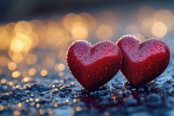Obraz premium A pair of red hearts placed on a dark background