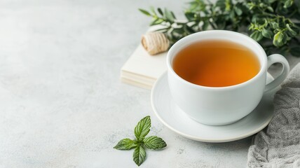 Mindful living and wellness meditation concept. Warm cup of tea with mint leaves and greenery on a stone surface.