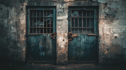 Decayed Metal Doors and Broken Windows in Low Light
