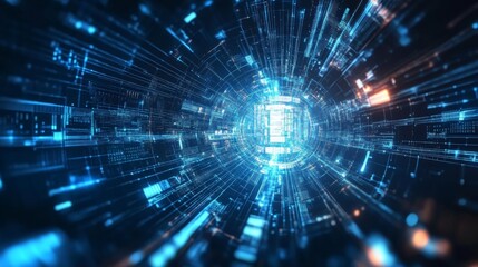 Fototapeta premium A dynamic digital tunnel with flowing blue and orange light lines, representing data transfer, AI systems, and futuristic technology advancements, ideal for concepts related to technology, innovation