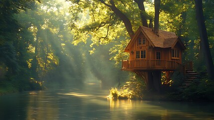 Fototapeta premium Magical tree house nestled in sun-dappled forest beside calm river.