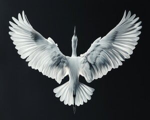 An egret in flight captured in symmetrical composition, minimalist style, with high contrast and an elegant, dynamic pose.