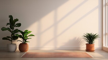 Fototapeta premium Mindful living and wellness meditation concept. Sunlit room with potted plants and a yoga mat on the floor.