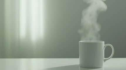 Serene morning coffee moment with steaming white mug for cozy winter vibes