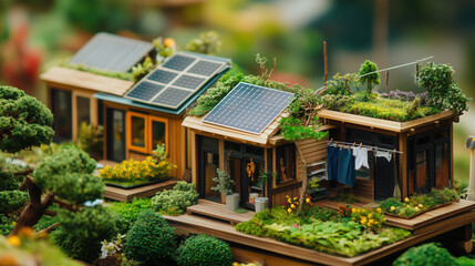 Obraz premium Macro Scene of Tiny Homes with Rooftop Gardens, Solar Panels, and a Figurine Hanging Clothes, Promoting Energy Efficiency and Sustainable Living