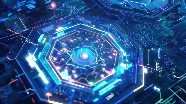 Futuristic digital circuit board with glowing hexagonal patterns evolving in motion