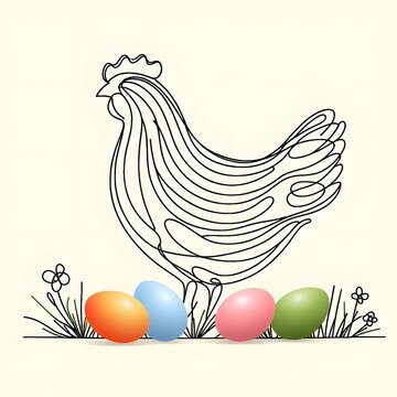 recommend clip art: Colorful easter eggs and rooster line art on pastel background