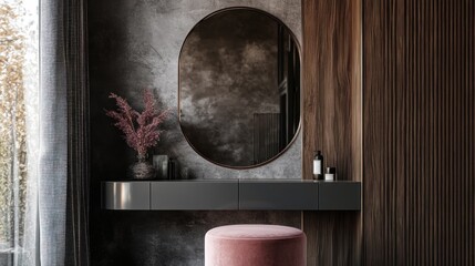 Modern vanity with oval mirror, pink stool, and dark wood.