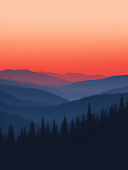 Obraz premium Dusk sky over the blue mountains with silhouettes of trees. Sunset in red and orange colors. Minimal nature background. Beautiful panoramic view of hills at dusk