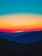 Obraz premium Dusk sky over the blue mountains with silhouettes of trees. Sunset in red and orange colors. Minimal nature background. Beautiful panoramic view of hills at dusk
