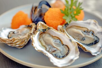 A plate with fresh oysters and oranges served together, perfect for a seafood or fruit platter