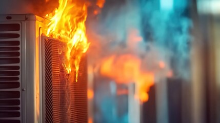 Naklejka premium An air conditioner on fire, close-up shot, blurred background