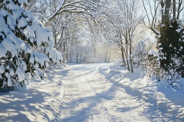 Fototapeta premium A serene snowy path winding through a dense forest