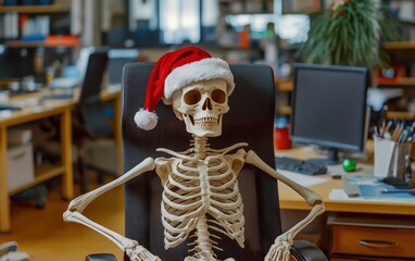 skeleton in santa hat sitting ???‚ the office