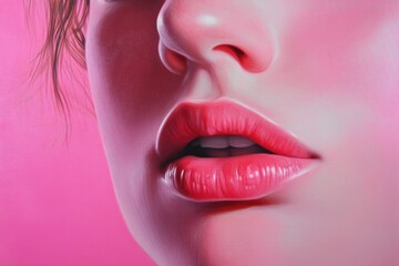 Fototapeta premium A close-up portrait of a woman's face against a pink background