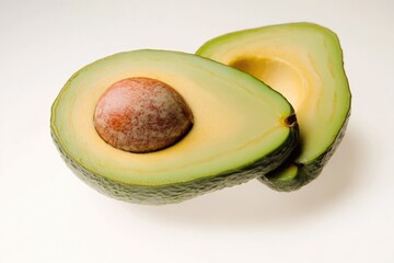 Fresh avocado cut into two halves on a clean white surface, perfect for culinary use or creative photography