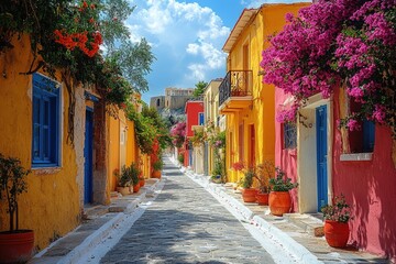 Fototapeta premium Narrow cobblestone street lined with colorful buildings, perfect for architectural or travel images