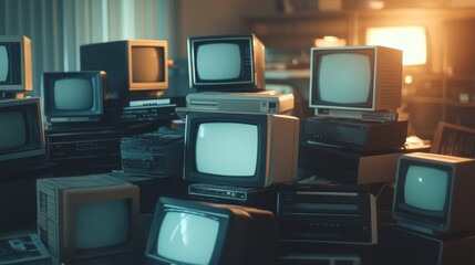 Piles of Vintage Electronics in Soft Indoor Light