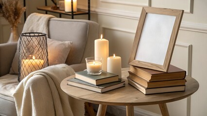 A cozy and inviting living room corner. A round wooden table is adorned with a stack of vintage books, a blank picture frame, and several lit candles in various holders.
