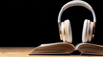 White headphones rest on an open book.