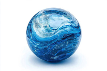 Blue glass ball with swirl pattern resting on sandy beach shining under the sunlight.