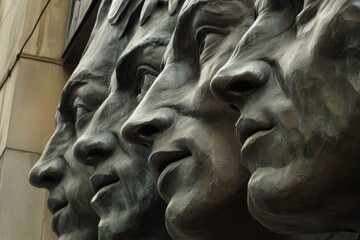 A close-up of statues depicting human faces