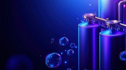 A futuristic depiction of blue gas cylinders with bubbles, set against a dark background, highlighting industrial and technological themes.