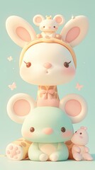 A whimsical stack of cute animal figures featuring a rabbit and mice.