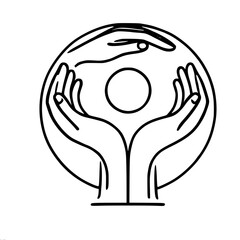 Abstract line art of hands embracing a circle symbol on beige background