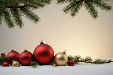 there are many christmas ornaments on the snow with a pine branch