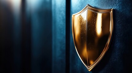 A shiny golden shield is displayed on the right side of an office door, creating a sense of security and protection. 
